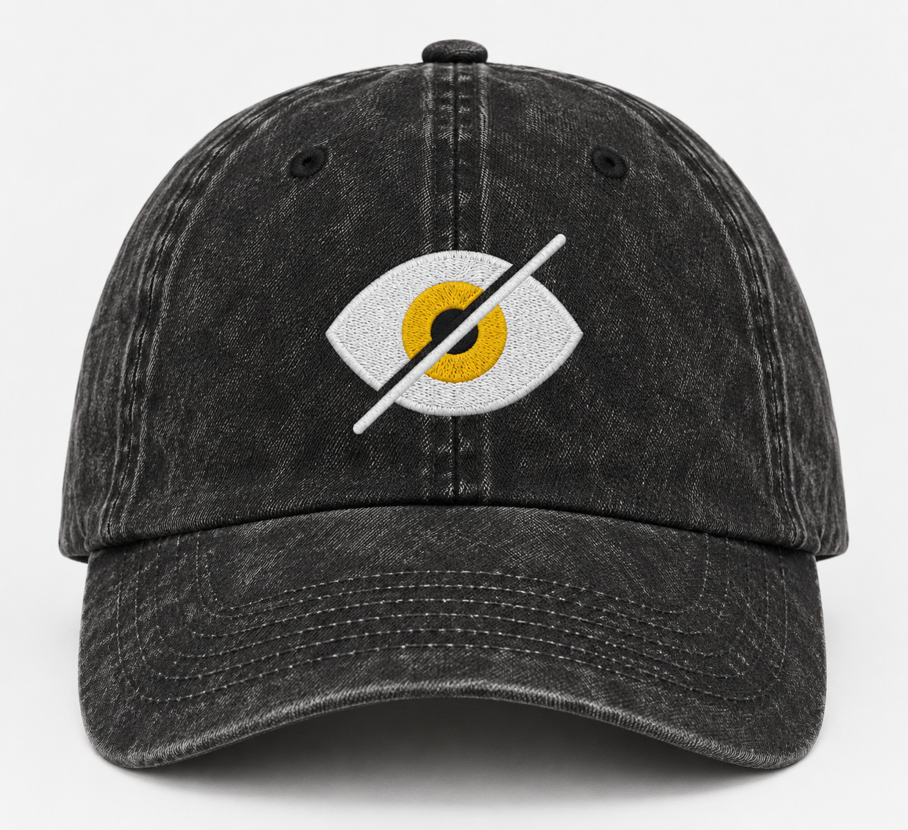 Washed-black cap with an embroidered Out of Sight eye crossed by a white line