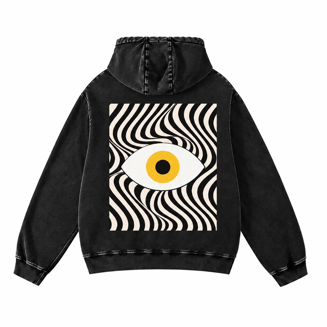 Back of a washed-black hoodie with a warped stripe panel and the Out of Sight eye mark